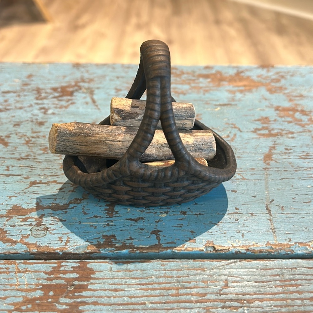 Vintage Artist Signed Ceramic Woven Basket with mini wooden logs